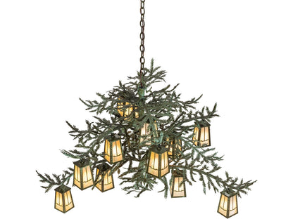Meyda Pine Branch 12-Light Beige Iridescent Glass Chandelier with Tarnished Copper and Green Accents