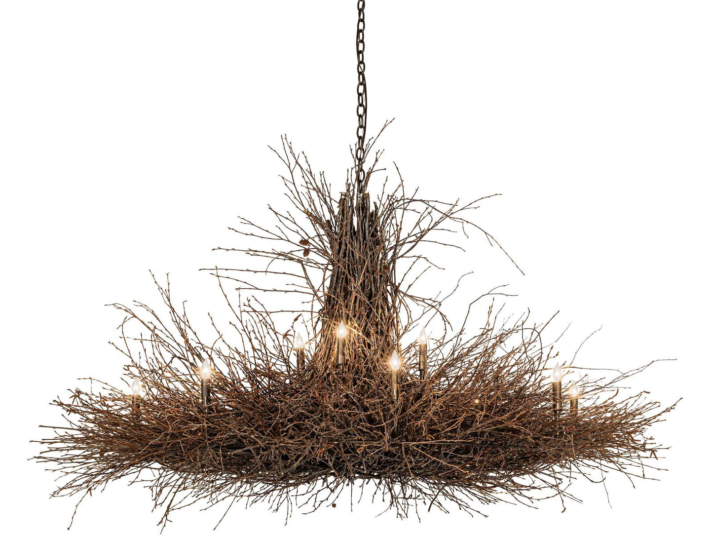 Meyda Twigs 12-Light Chandelier in Antique Copper Brown with White Linen Shades