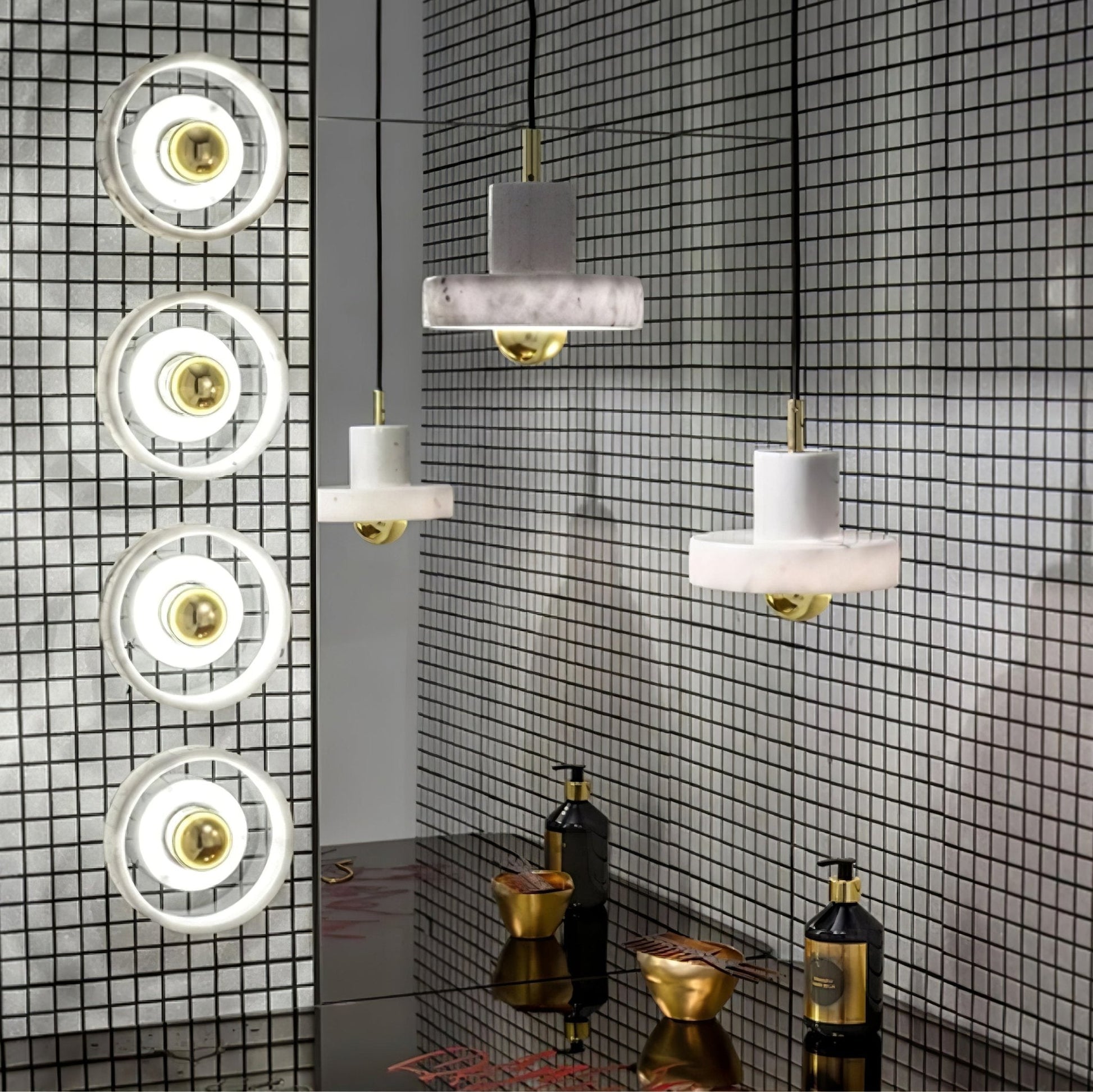 Marble Aura Pendant Lamp ∅ 7.1″ x H 6.3″ / Gold & White / Warm Light Pendant light