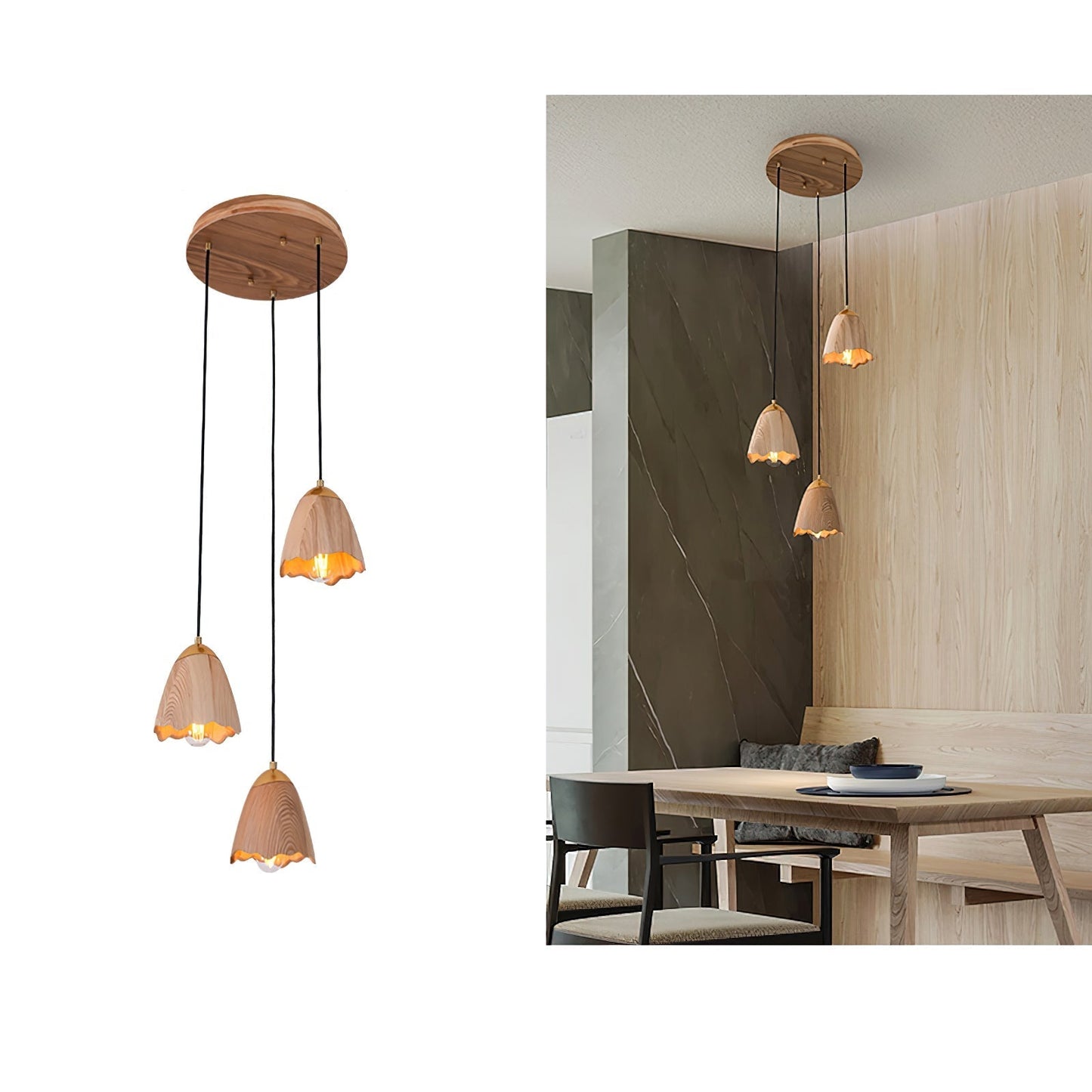 Melody Bell Pendant Lamp Round canopy 3 heads ∅ 11.8″ x H 59.1″ / Wood Color Pendant light