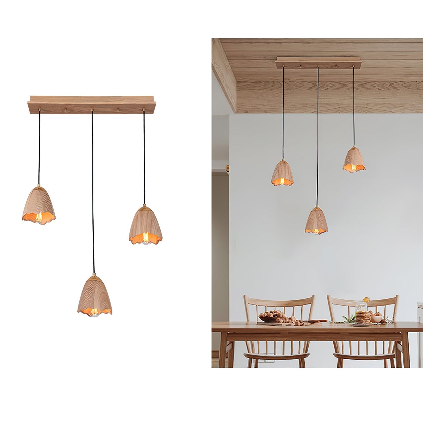 Melody Bell Pendant Lamp Long canopy 3 heads ∅ 19.7″ x H 59.1″ / Wood Color Pendant light