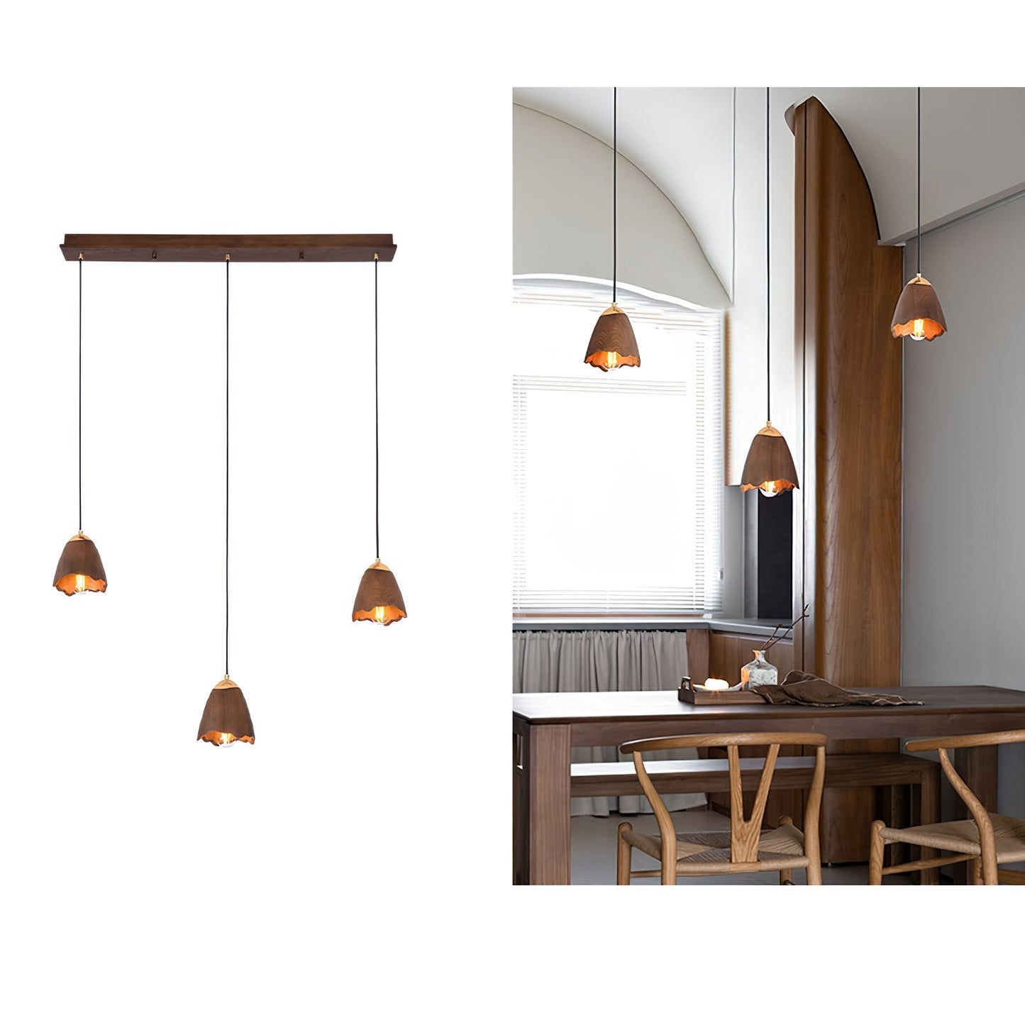 Melody Bell Pendant Lamp Long canopy 3 heads ∅ 27.6″ x H 59.1″ / Walnut Color Pendant light