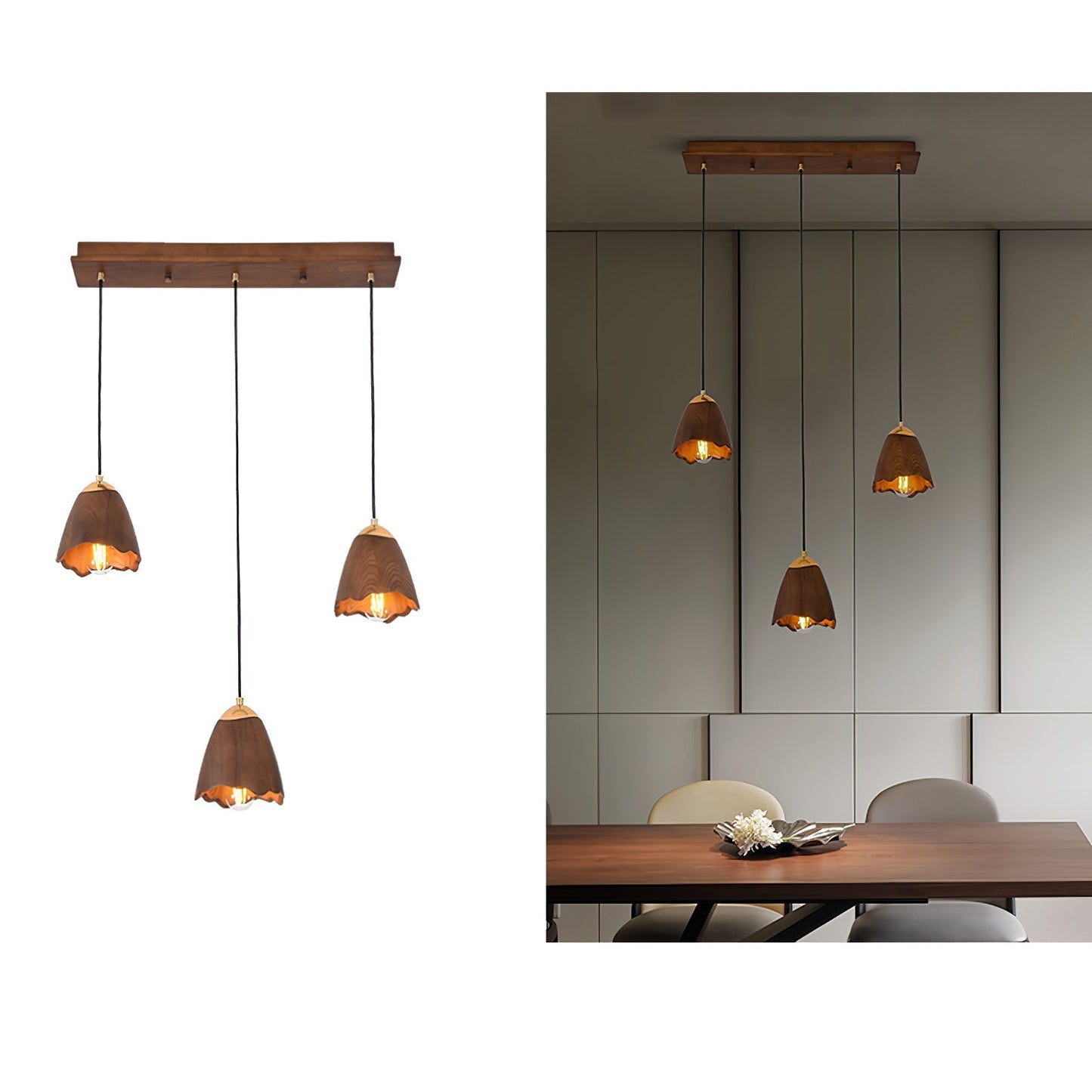 Melody Bell Pendant Lamp Long canopy 3 heads ∅ 19.7″ x H 59.1″ / Walnut Color Pendant light