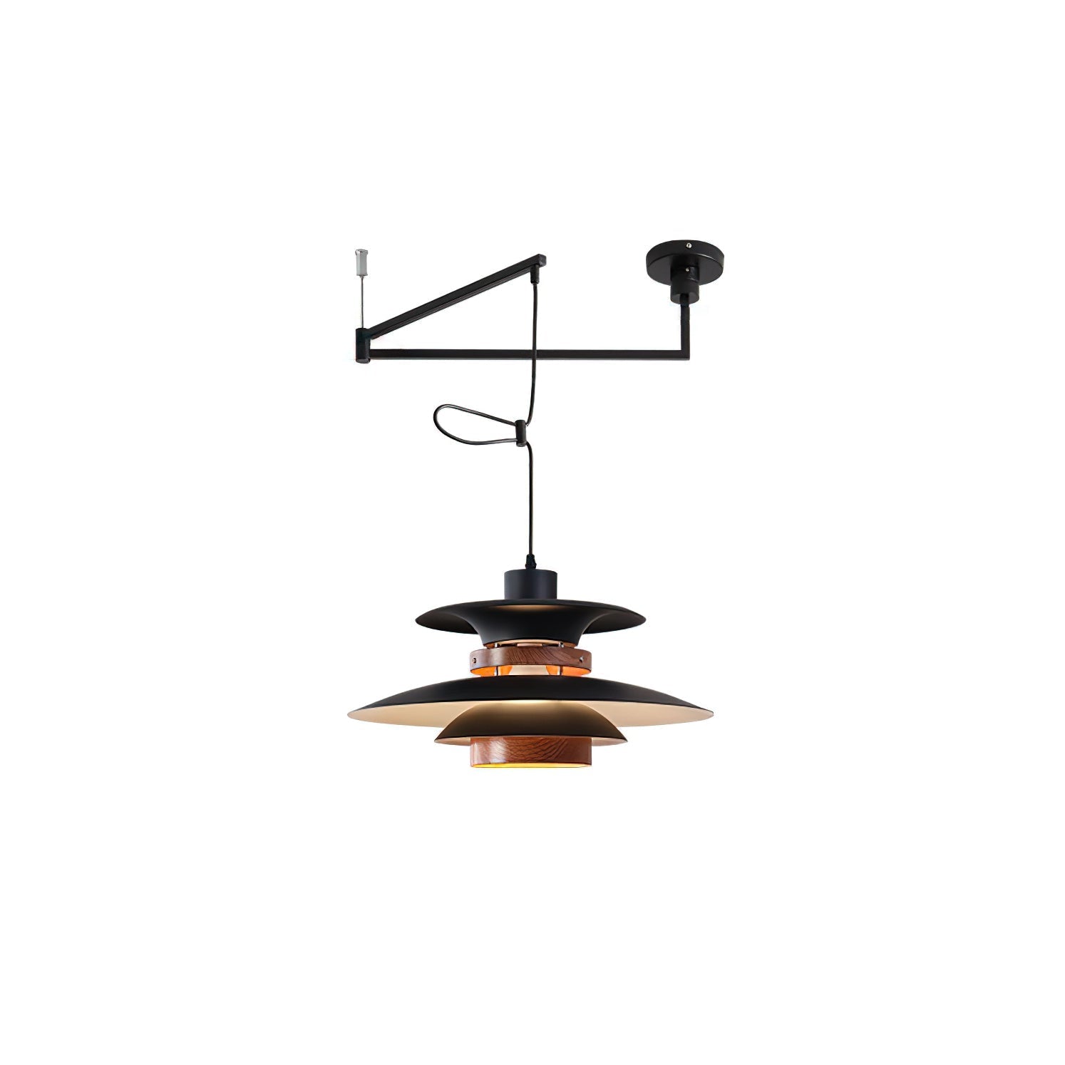 Mercero Swing Arm Pendant Lamp ∅ 15.7″ x H 7.9″ / Black + Walnut wood Pendant light
