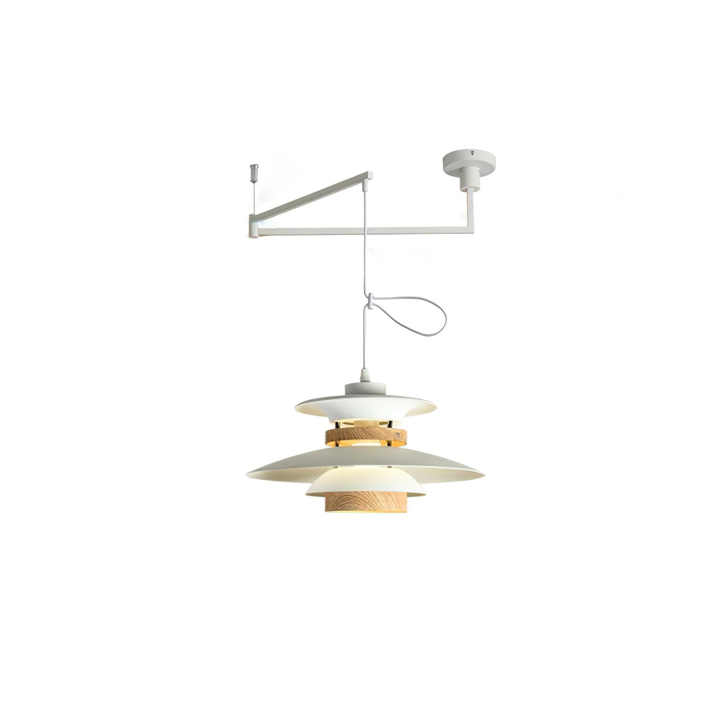 Mercero Swing Arm Pendant Lamp ∅ 15.7″ x H 7.9″ / White + Wood color Pendant light