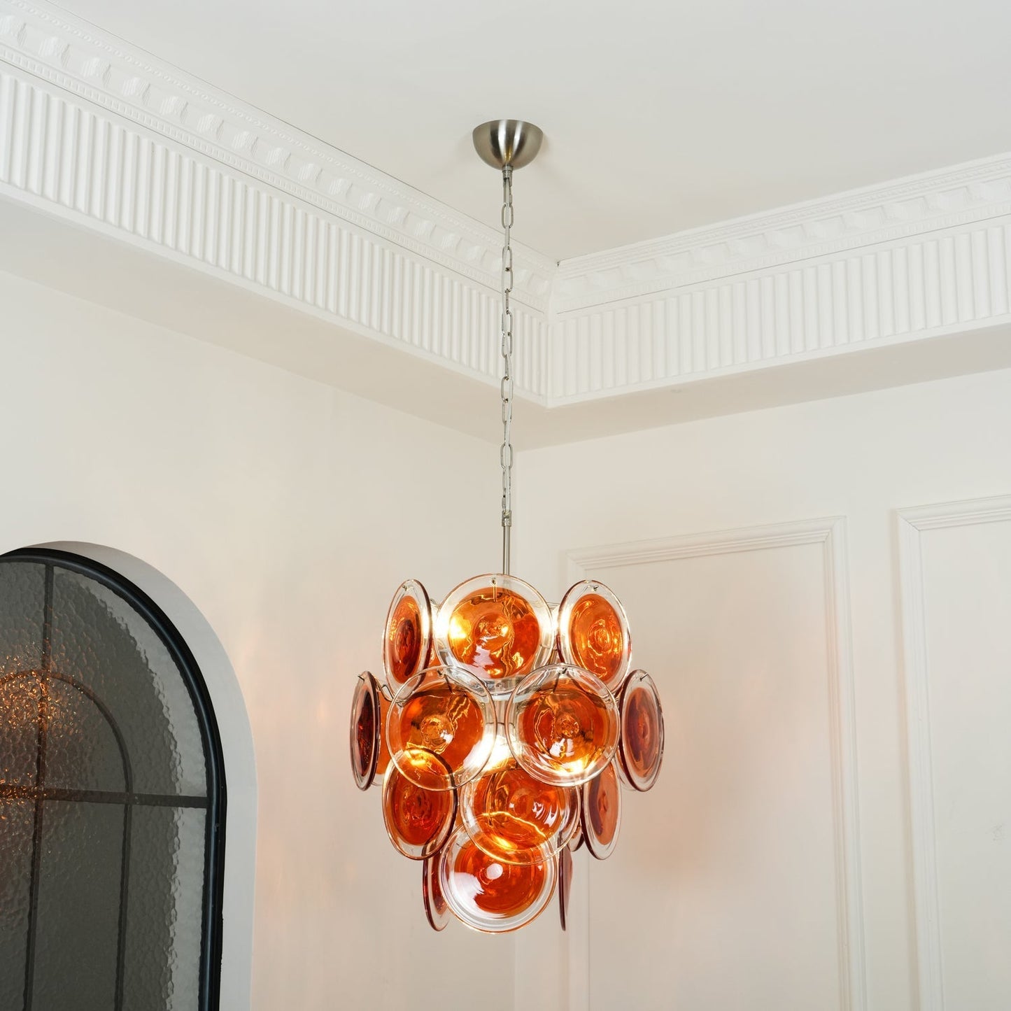 Murano Orange Disk Glass Chandelier ∅ 19.7″ x H 21.3″ / Chrome & Orange Chandelier