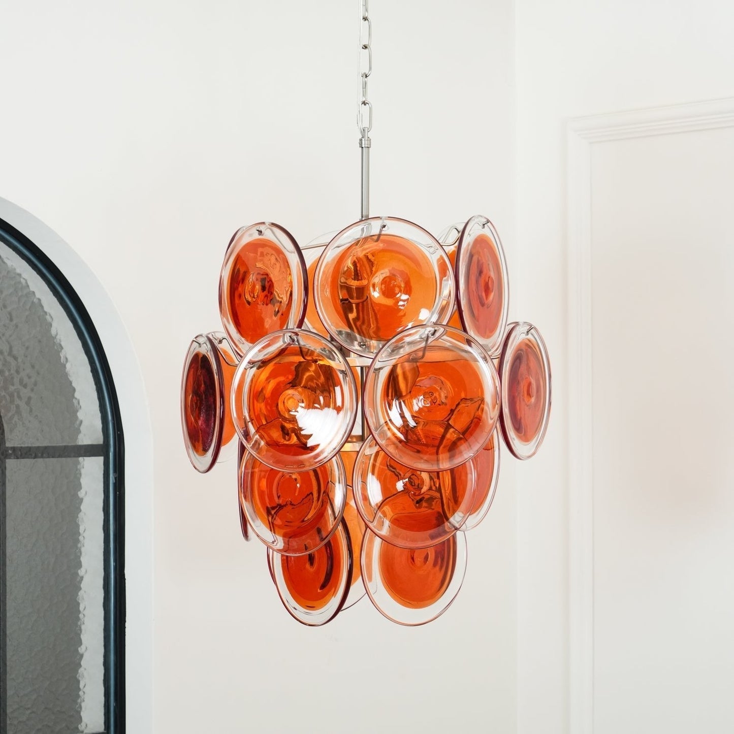 Murano Orange Disk Glass Chandelier ∅ 19.7″ x H 21.3″ / Chrome & Orange Chandelier