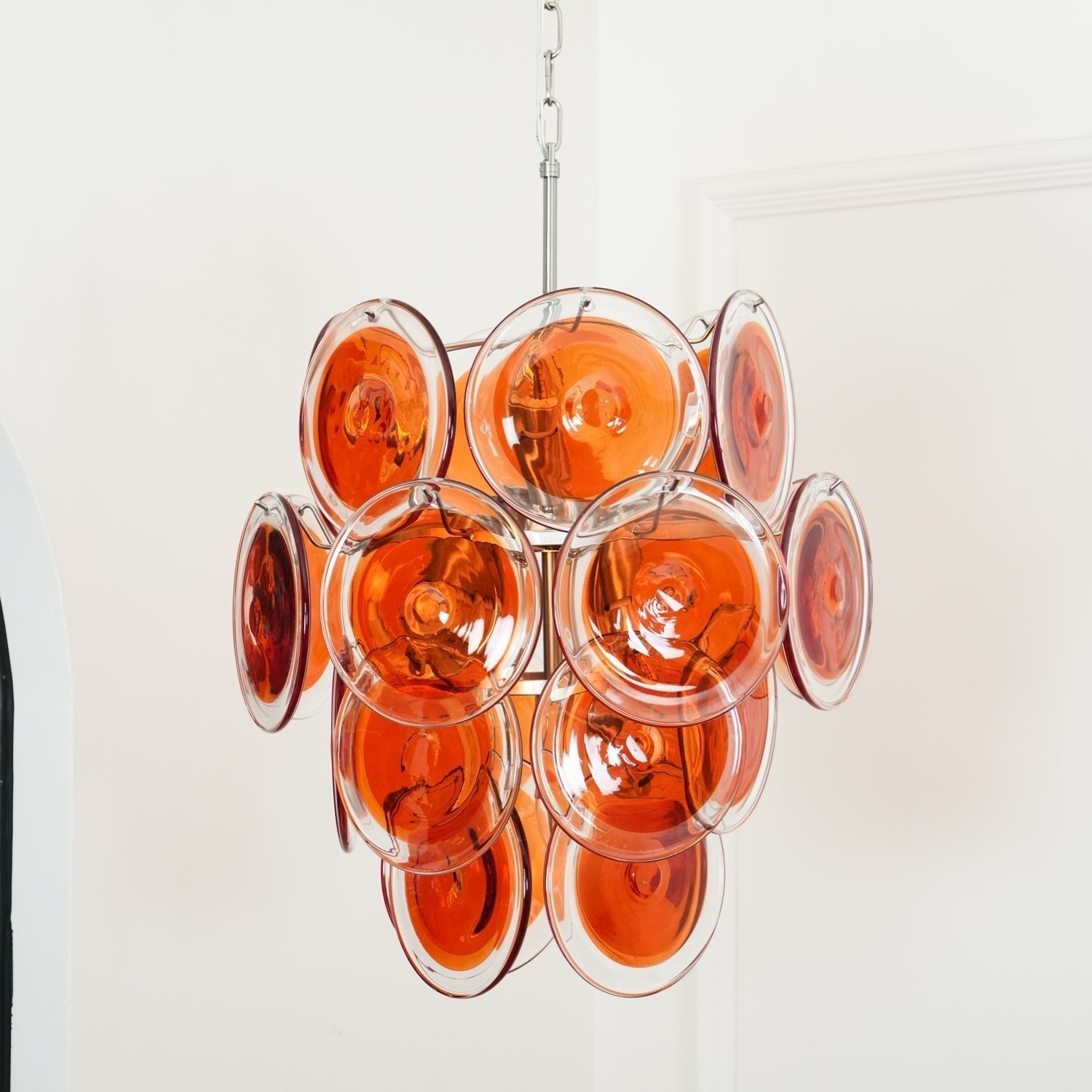 Murano Orange Disk Glass Chandelier ∅ 19.7″ x H 21.3″ / Chrome & Orange Chandelier