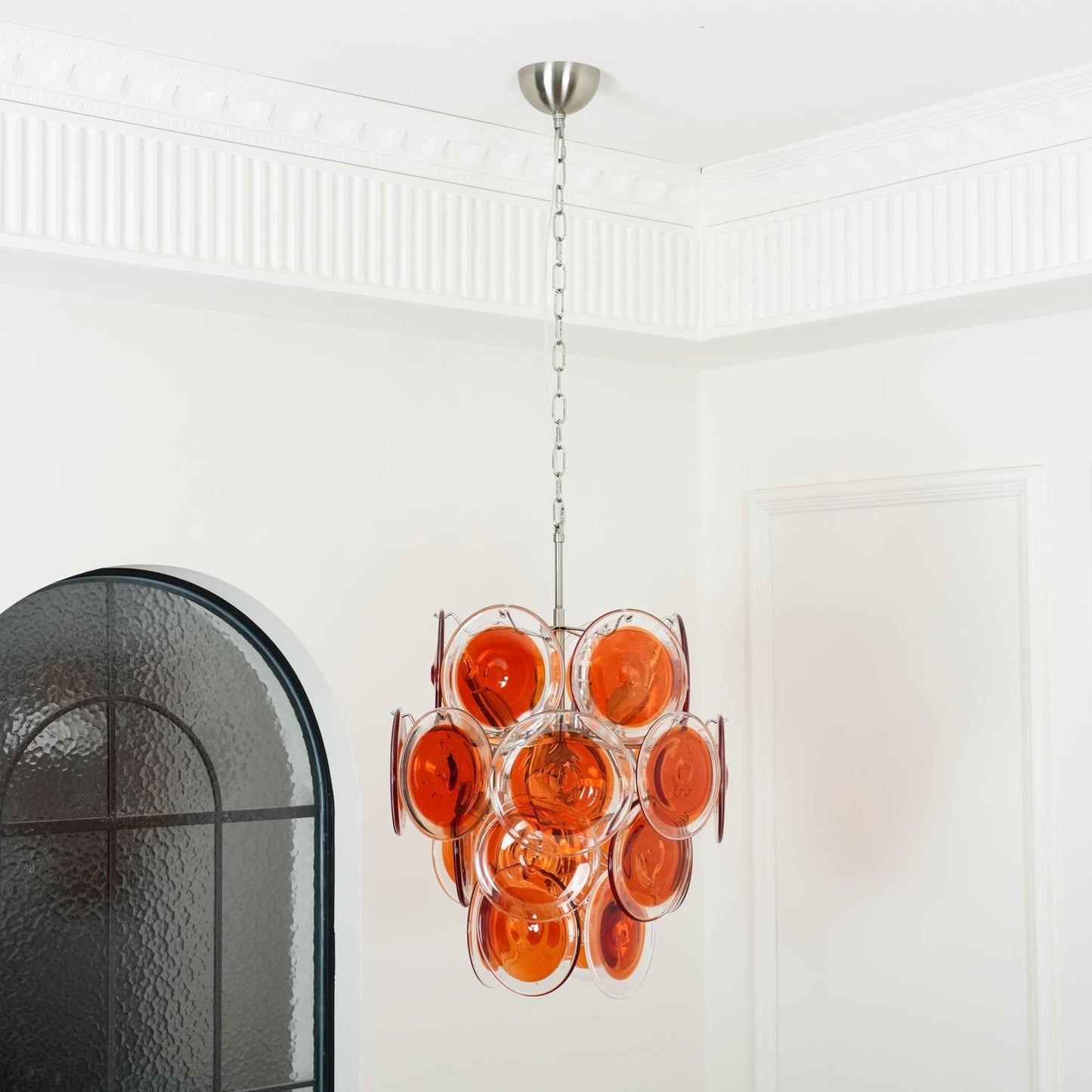 Murano Orange Disk Glass Chandelier ∅ 19.7″ x H 21.3″ / Chrome & Orange Chandelier