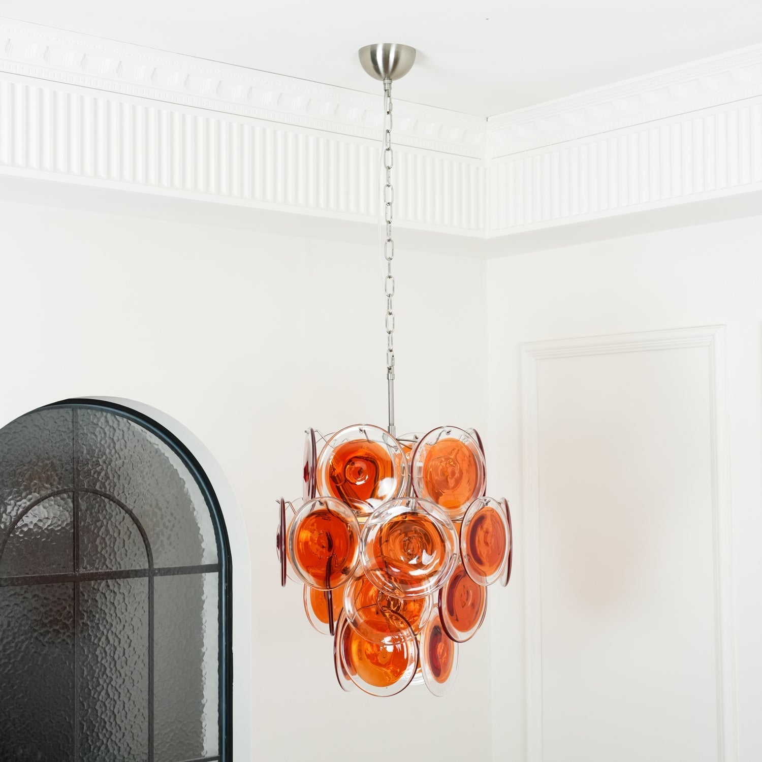 Murano Orange Disk Glass Chandelier ∅ 19.7″ x H 21.3″ / Chrome & Orange Chandelier