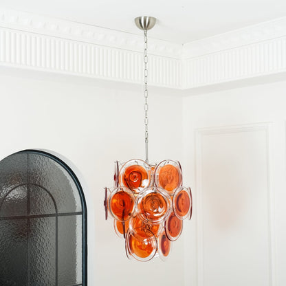 Murano Orange Disk Glass Chandelier ∅ 19.7″ x H 21.3″ / Chrome & Orange Chandelier