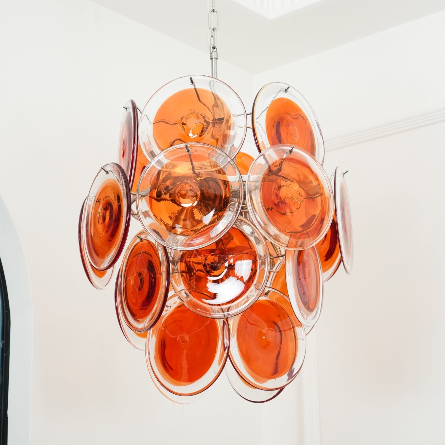 Murano Orange Disk Glass Chandelier ∅ 19.7″ x H 21.3″ / Chrome & Orange Chandelier