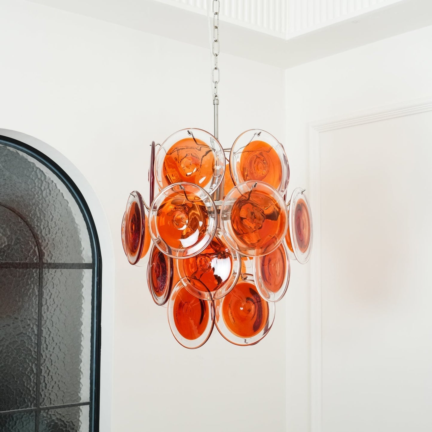 Murano Orange Disk Glass Chandelier ∅ 19.7″ x H 21.3″ / Chrome & Orange Chandelier
