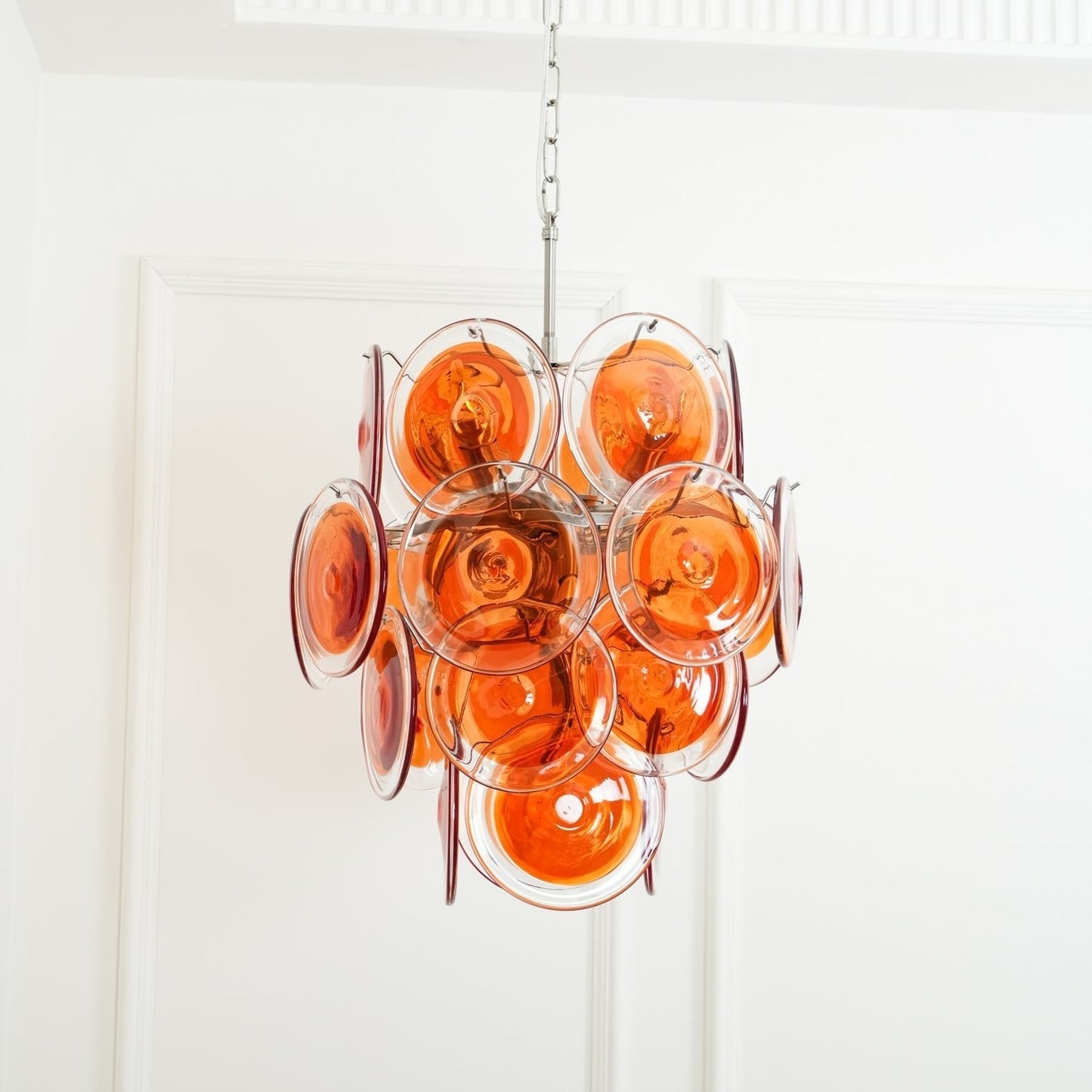 Murano Orange Disk Glass Chandelier ∅ 19.7″ x H 21.3″ / Chrome & Orange Chandelier