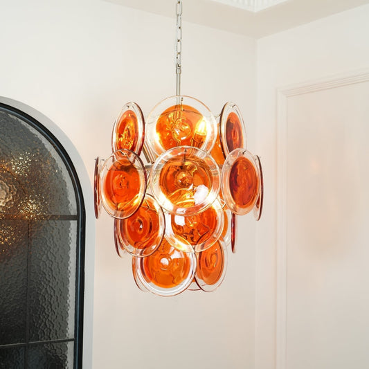 Murano Orange Disk Glass Chandelier ∅ 19.7″ x H 21.3″ / Chrome & Orange Chandelier