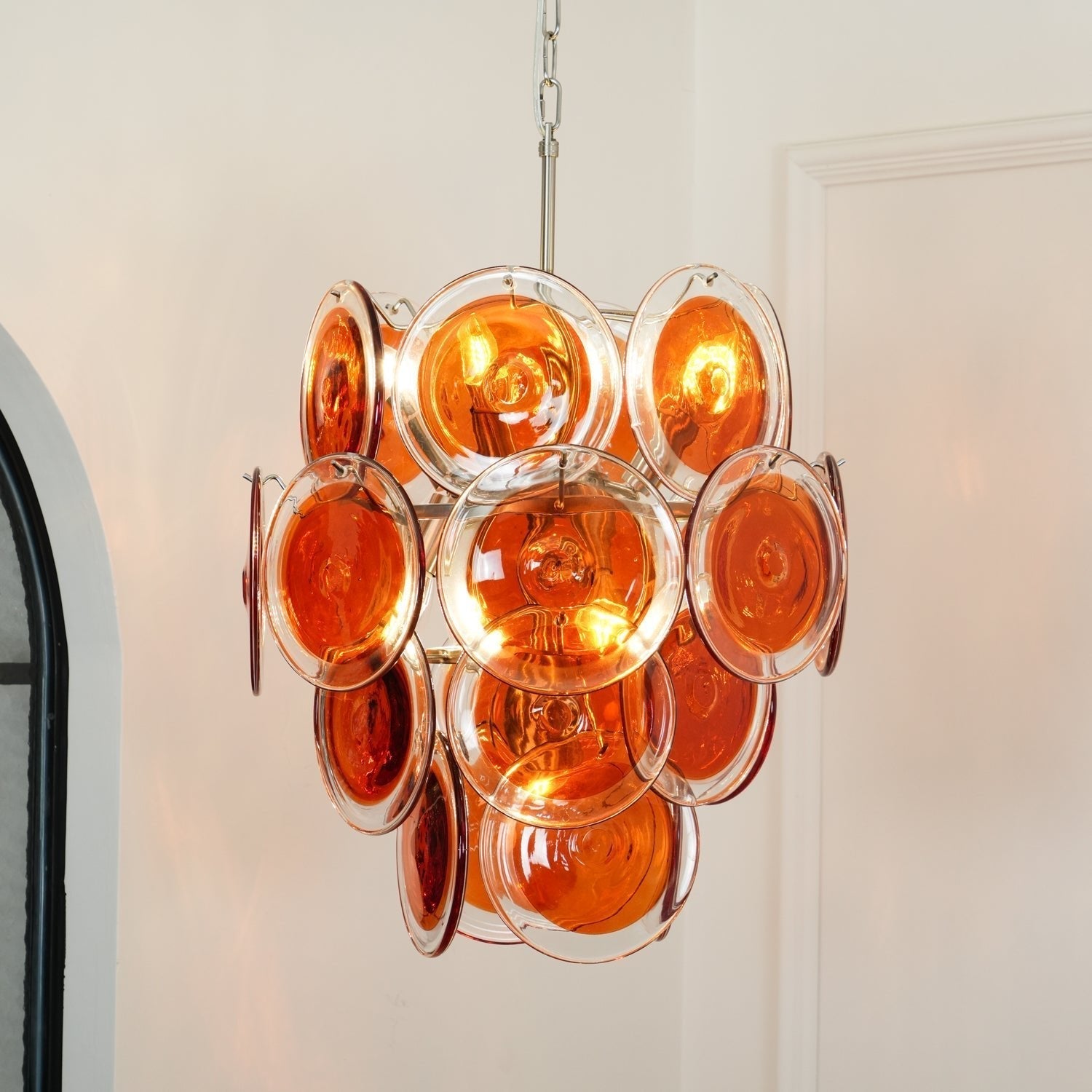 Murano Orange Disk Glass Chandelier ∅ 19.7″ x H 21.3″ / Chrome & Orange Chandelier