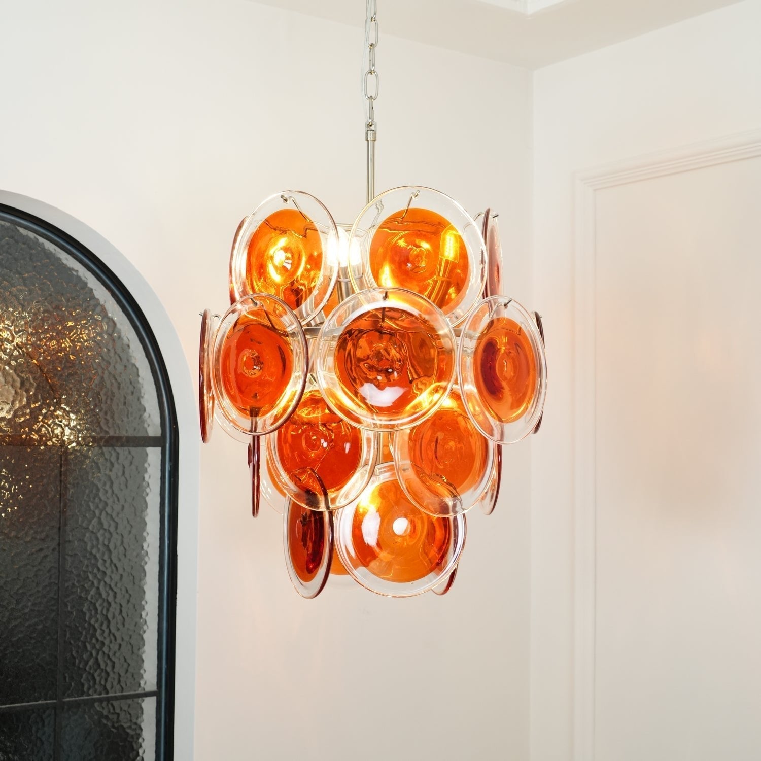 Murano Orange Disk Glass Chandelier ∅ 19.7″ x H 21.3″ / Chrome & Orange Chandelier