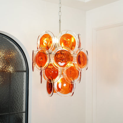 Murano Orange Disk Glass Chandelier ∅ 19.7″ x H 21.3″ / Chrome & Orange Chandelier