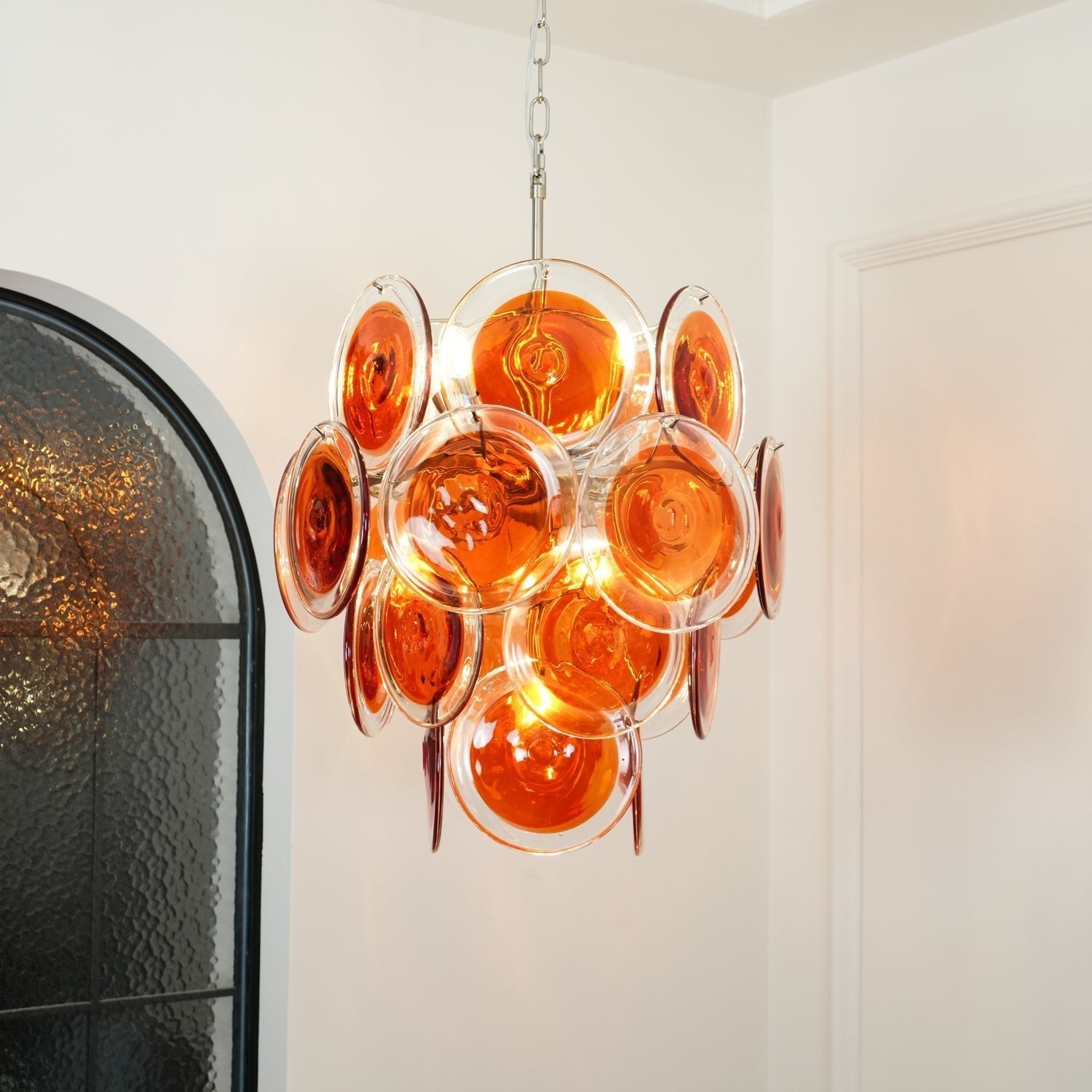 Murano Orange Disk Glass Chandelier ∅ 19.7″ x H 21.3″ / Chrome & Orange Chandelier