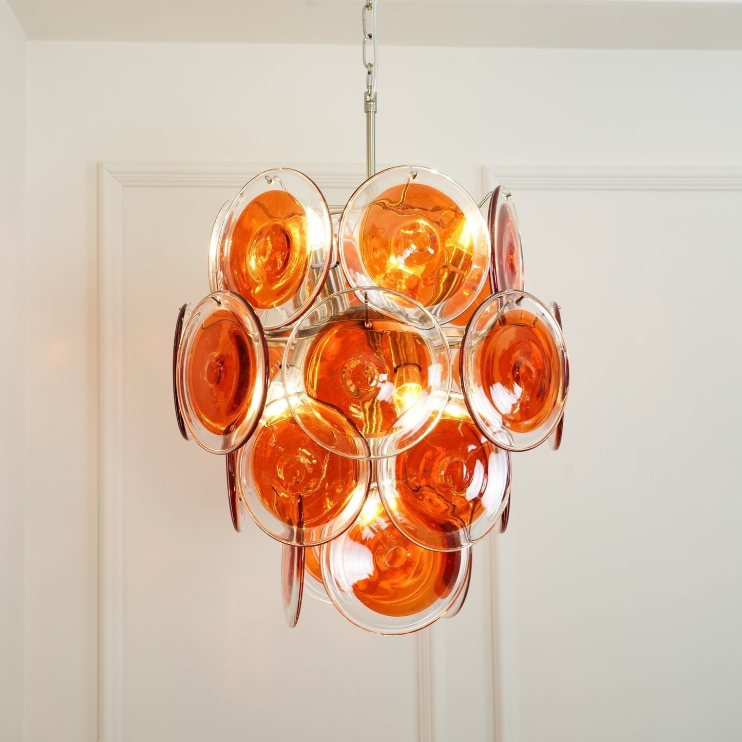 Murano Orange Disk Glass Chandelier ∅ 19.7″ x H 21.3″ / Chrome & Orange Chandelier