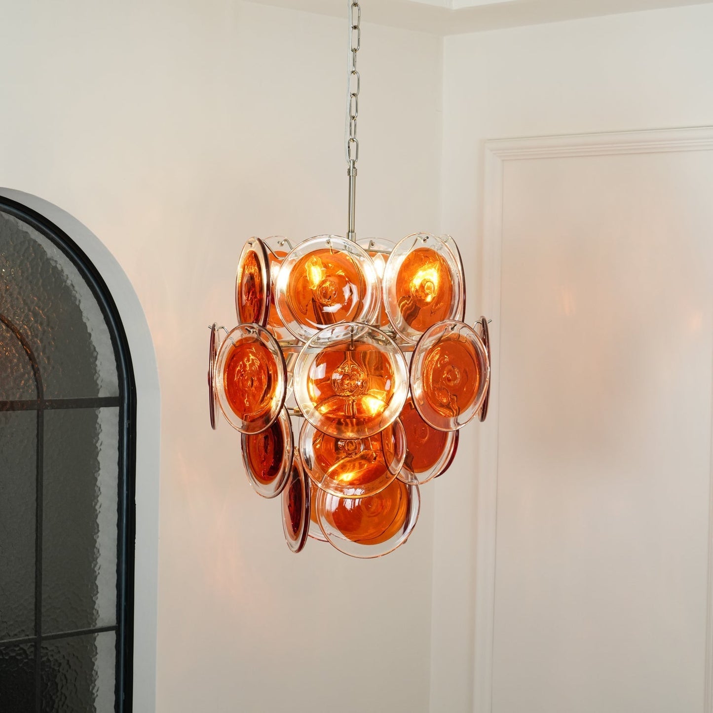 Murano Orange Disk Glass Chandelier ∅ 19.7″ x H 21.3″ / Chrome & Orange Chandelier