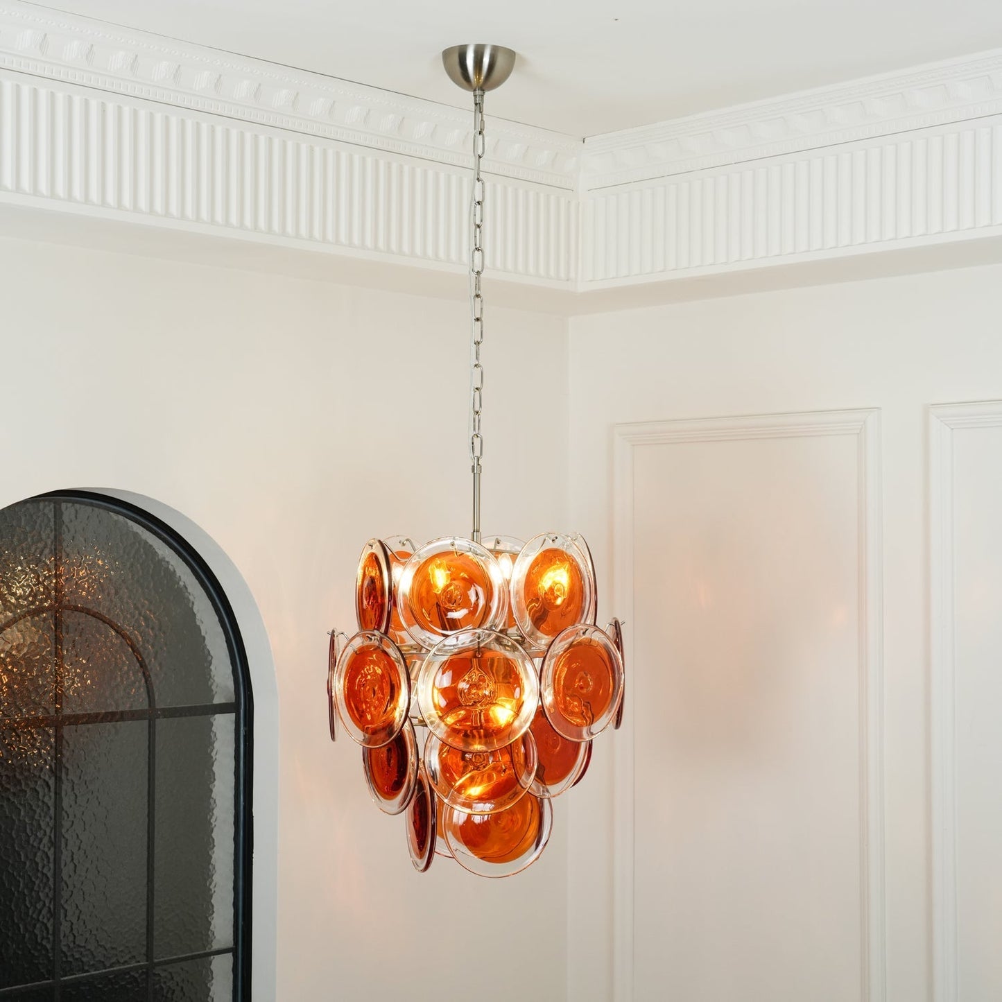 Murano Orange Disk Glass Chandelier ∅ 19.7″ x H 21.3″ / Chrome & Orange Chandelier