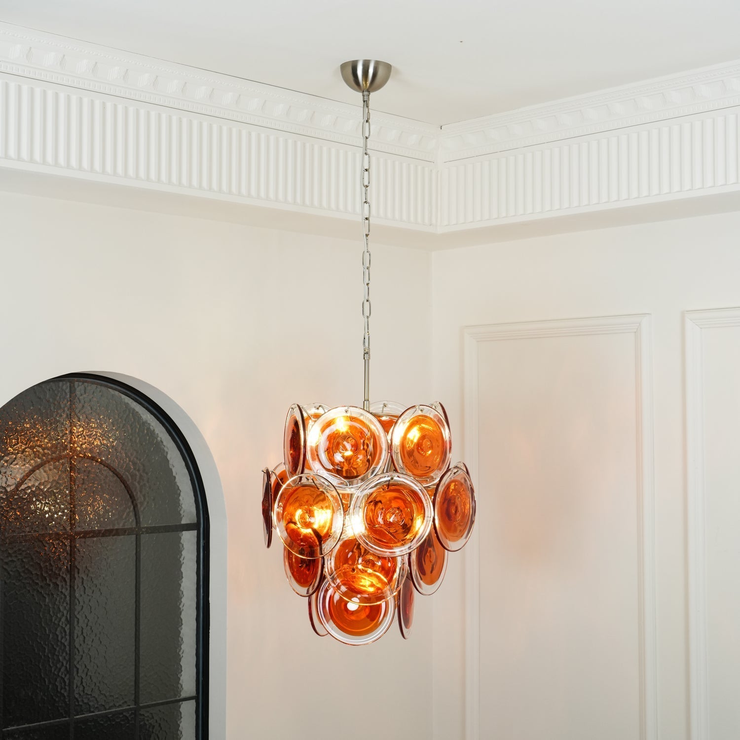 Murano Orange Disk Glass Chandelier ∅ 19.7″ x H 21.3″ / Chrome & Orange Chandelier