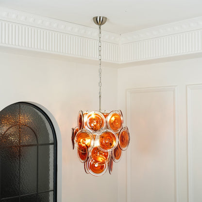 Murano Orange Disk Glass Chandelier ∅ 19.7″ x H 21.3″ / Chrome & Orange Chandelier
