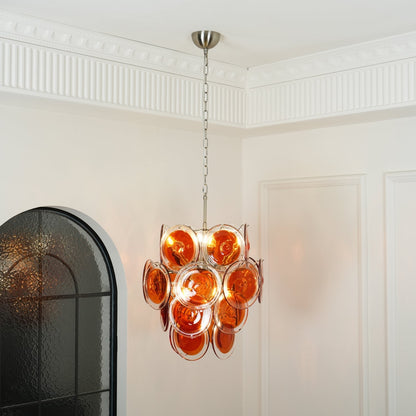 Murano Orange Disk Glass Chandelier ∅ 19.7″ x H 21.3″ / Chrome & Orange Chandelier