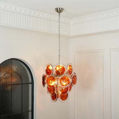 Murano Orange Disk Glass Chandelier ∅ 19.7″ x H 21.3″ / Chrome & Orange Chandelier