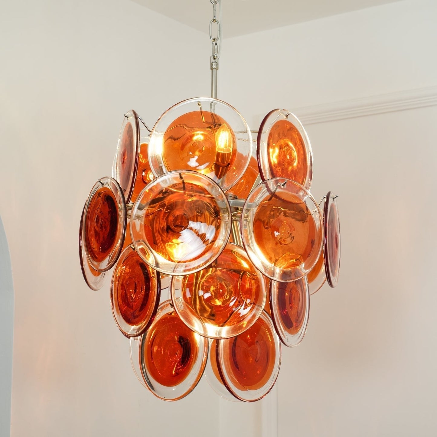 Murano Orange Disk Glass Chandelier ∅ 19.7″ x H 21.3″ / Chrome & Orange Chandelier