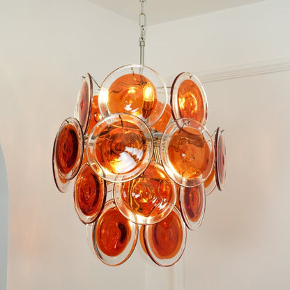 Murano Orange Disk Glass Chandelier ∅ 19.7″ x H 21.3″ / Chrome & Orange Chandelier