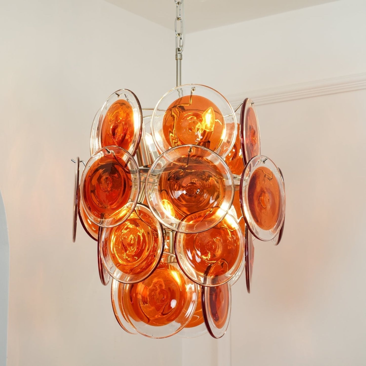 Murano Orange Disk Glass Chandelier ∅ 19.7″ x H 21.3″ / Chrome & Orange Chandelier
