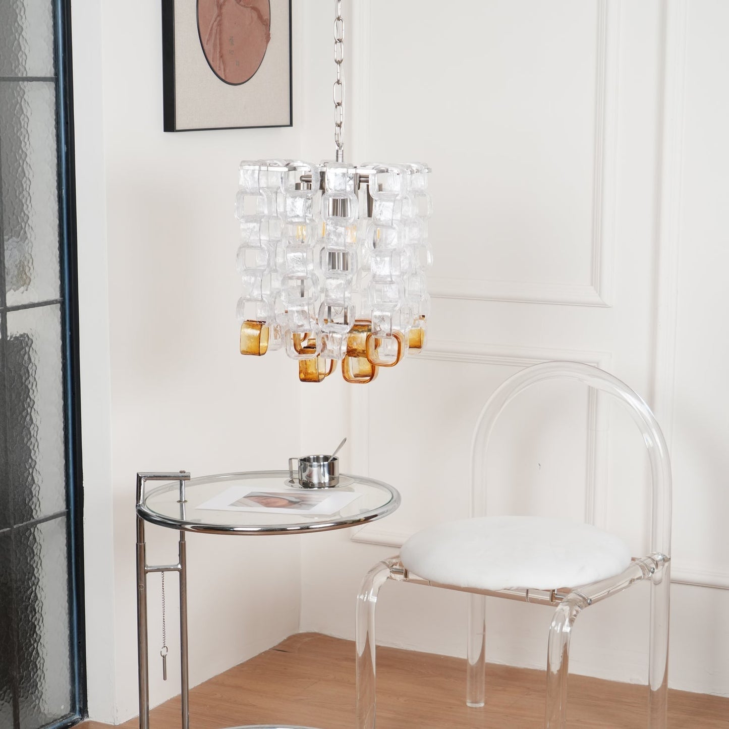 Murano Poliarte Interlocking Chandelier ∅ 12.6″ x H 16.1″ / Clear & Amber & Chrome Chandelier