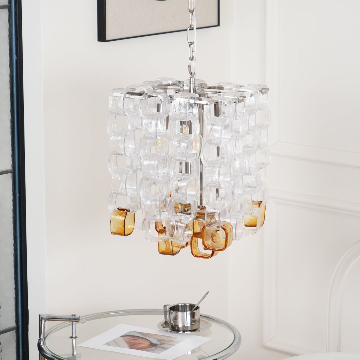 Murano Poliarte Interlocking Chandelier ∅ 12.6″ x H 16.1″ / Clear & Amber & Chrome Chandelier