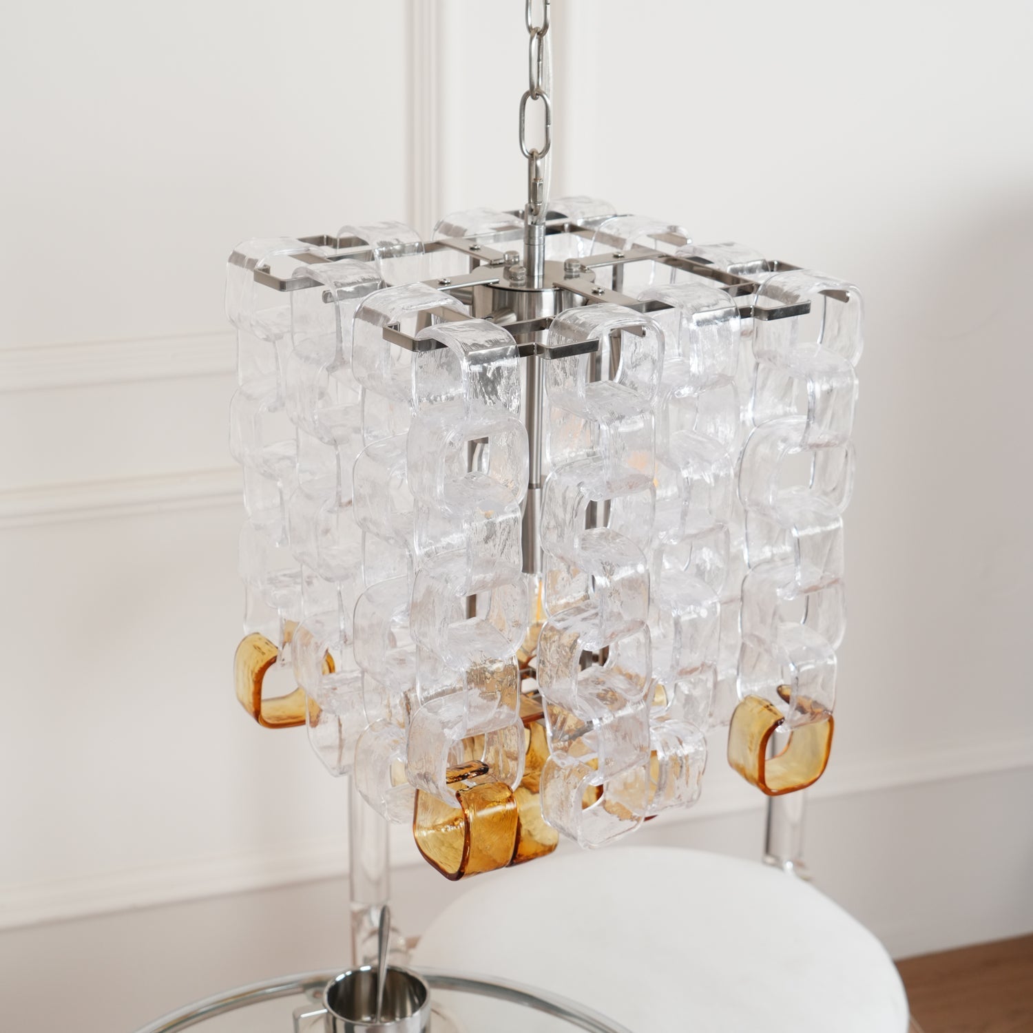Murano Poliarte Interlocking Chandelier ∅ 12.6″ x H 16.1″ / Clear & Amber & Chrome Chandelier
