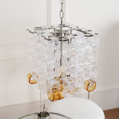 Murano Poliarte Interlocking Chandelier ∅ 12.6″ x H 16.1″ / Clear & Amber & Chrome Chandelier