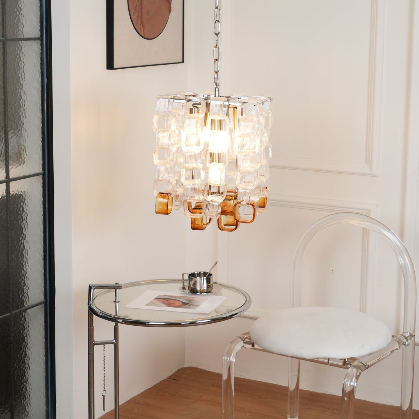 Murano Poliarte Interlocking Chandelier ∅ 12.6″ x H 16.1″ / Clear & Amber & Chrome Chandelier