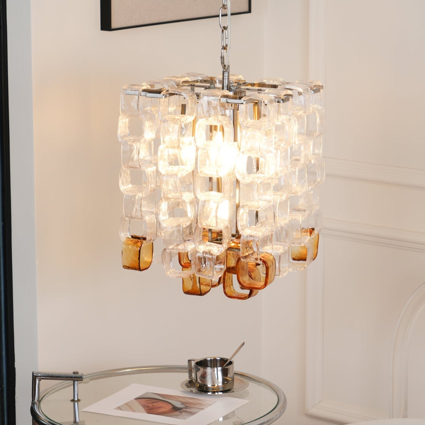 Murano Poliarte Interlocking Chandelier ∅ 12.6″ x H 16.1″ / Clear & Amber & Chrome Chandelier