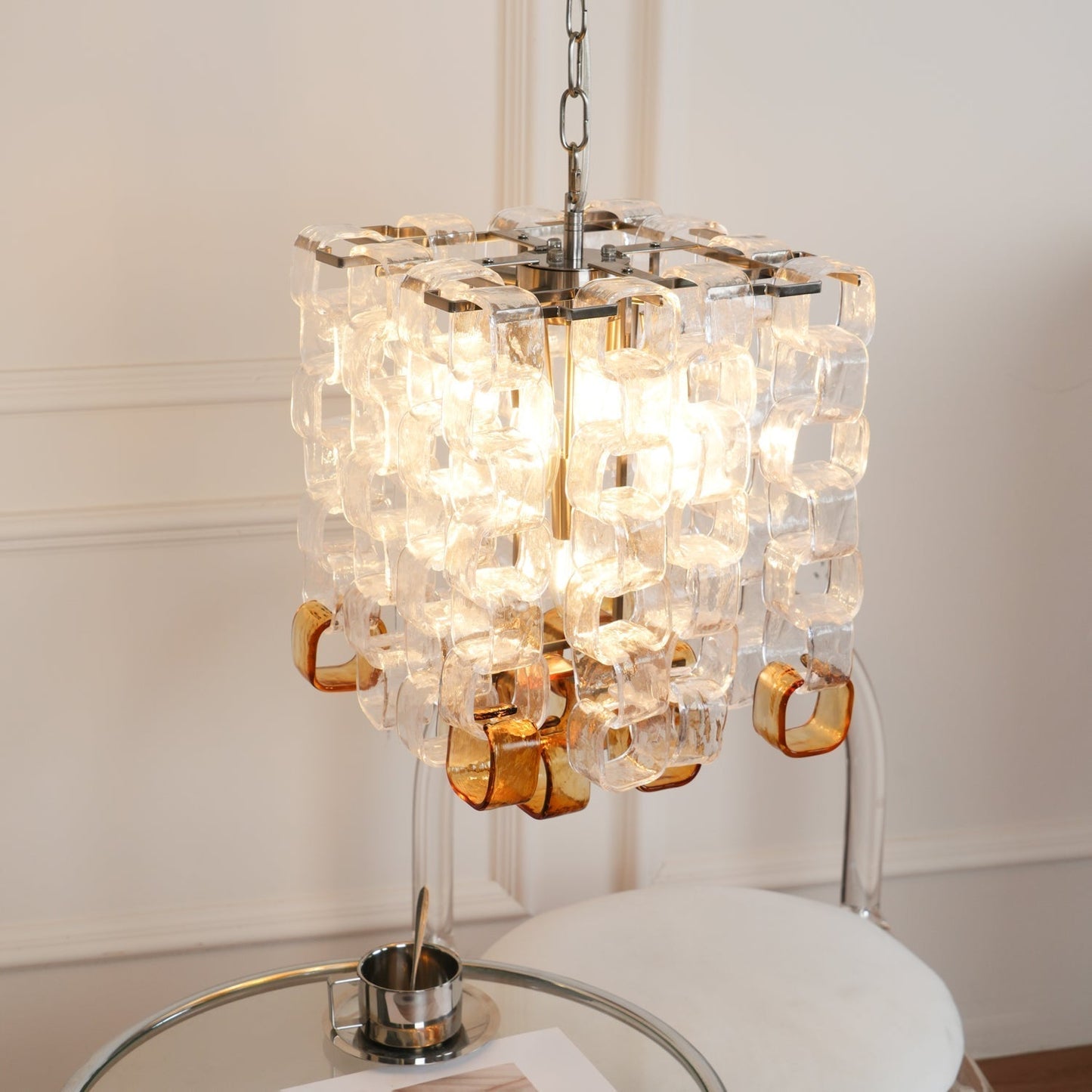 Murano Poliarte Interlocking Chandelier ∅ 12.6″ x H 16.1″ / Clear & Amber & Chrome Chandelier
