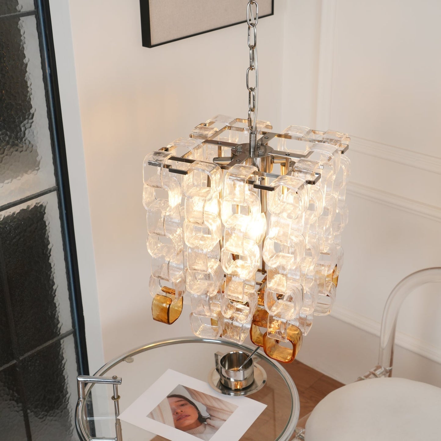 Murano Poliarte Interlocking Chandelier ∅ 12.6″ x H 16.1″ / Clear & Amber & Chrome Chandelier