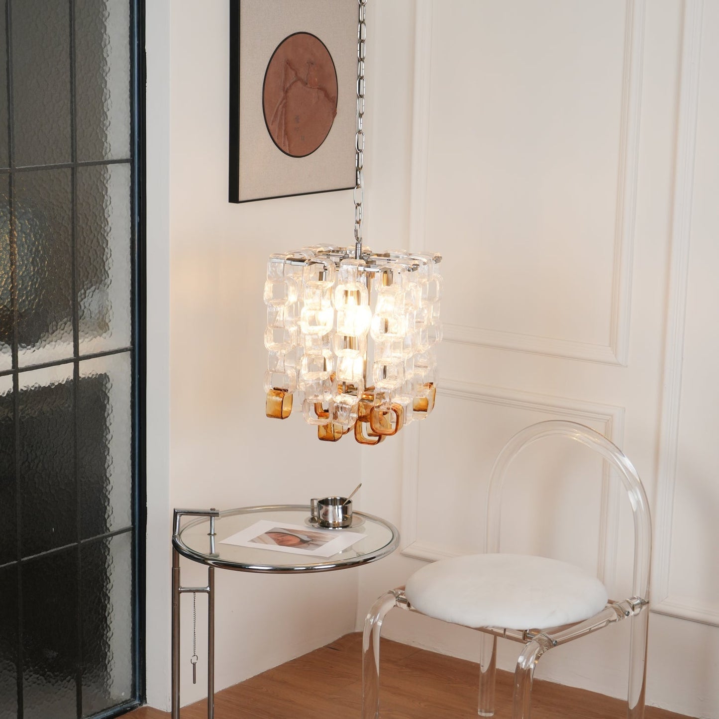 Murano Poliarte Interlocking Chandelier ∅ 12.6″ x H 16.1″ / Clear & Amber & Chrome Chandelier