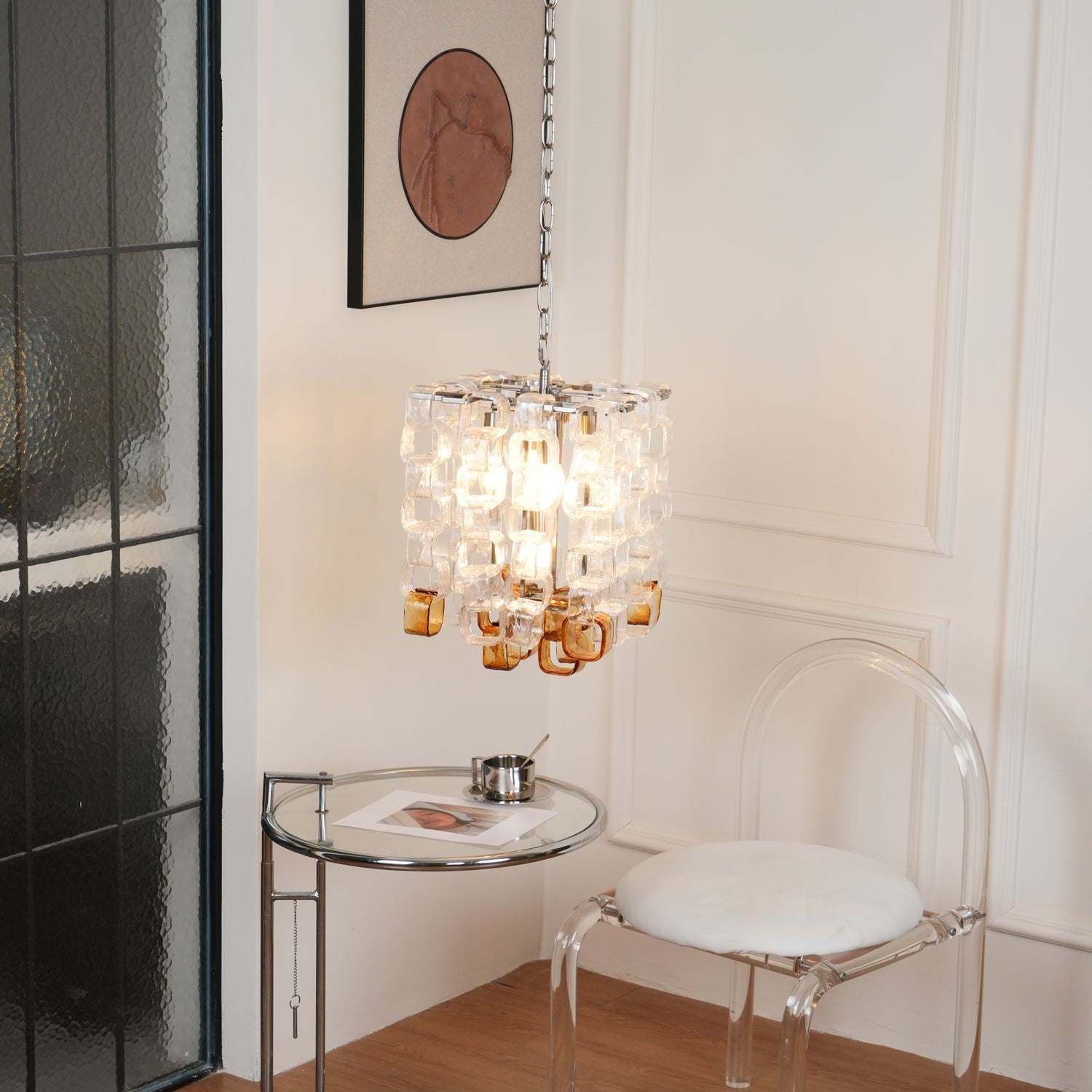 Murano Poliarte Interlocking Chandelier ∅ 12.6″ x H 16.1″ / Clear & Amber & Chrome Chandelier