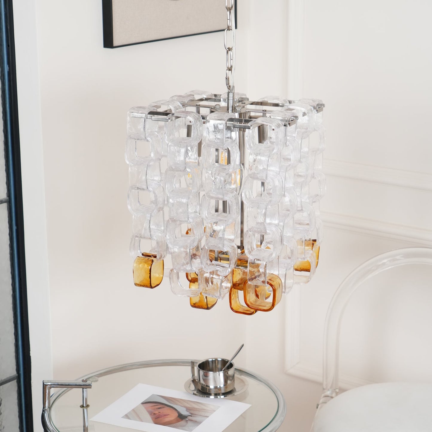 Murano Poliarte Interlocking Chandelier ∅ 12.6″ x H 16.1″ / Clear & Amber & Chrome Chandelier