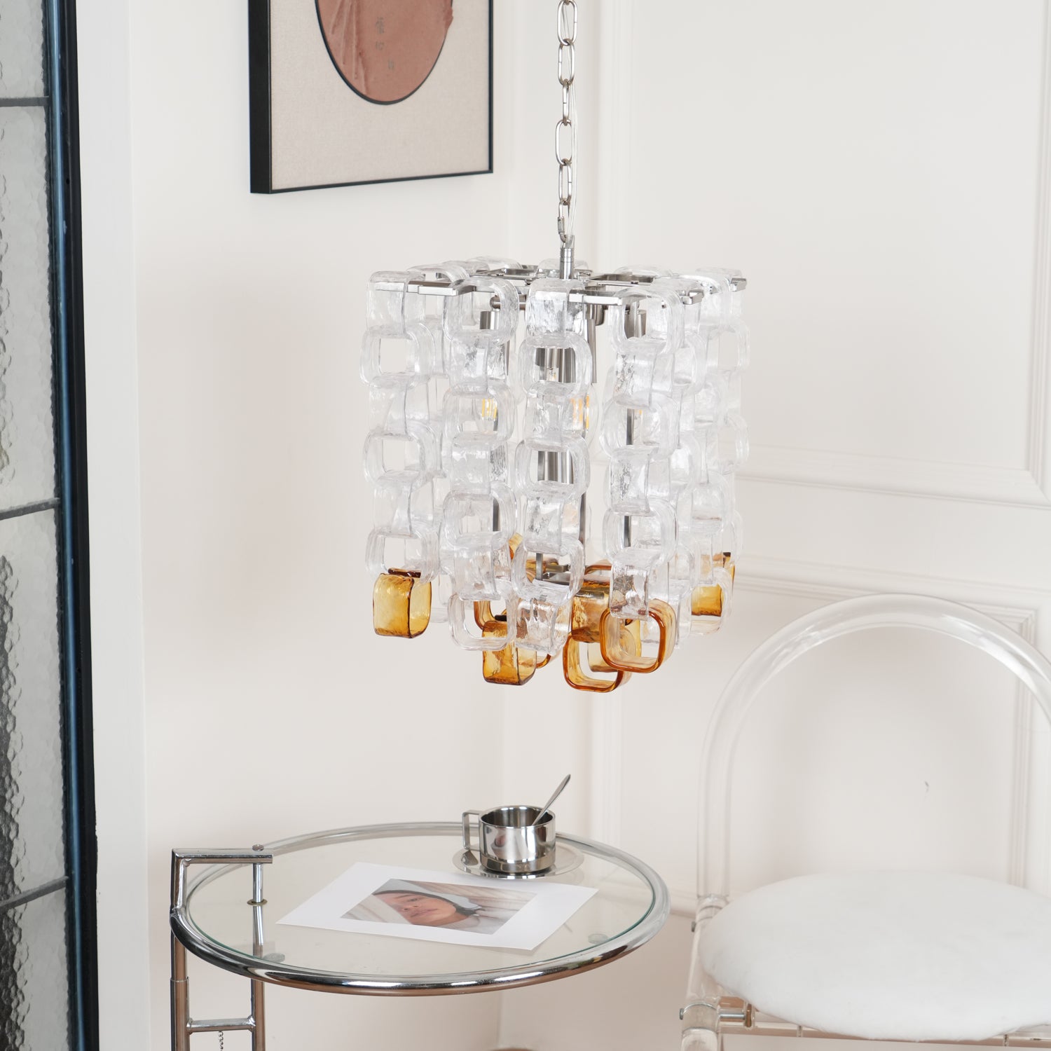 Murano Poliarte Interlocking Chandelier ∅ 12.6″ x H 16.1″ / Clear & Amber & Chrome Chandelier