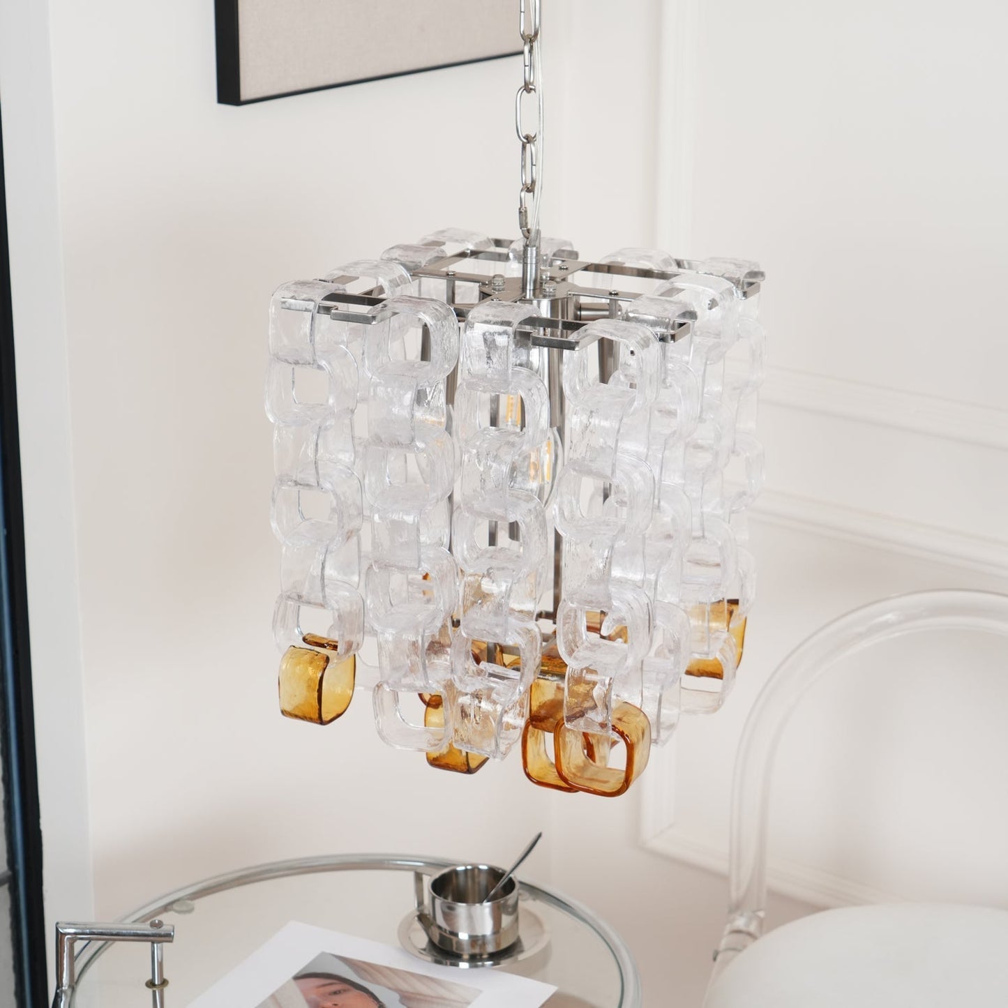Murano Poliarte Interlocking Chandelier ∅ 12.6″ x H 16.1″ / Clear & Amber & Chrome Chandelier