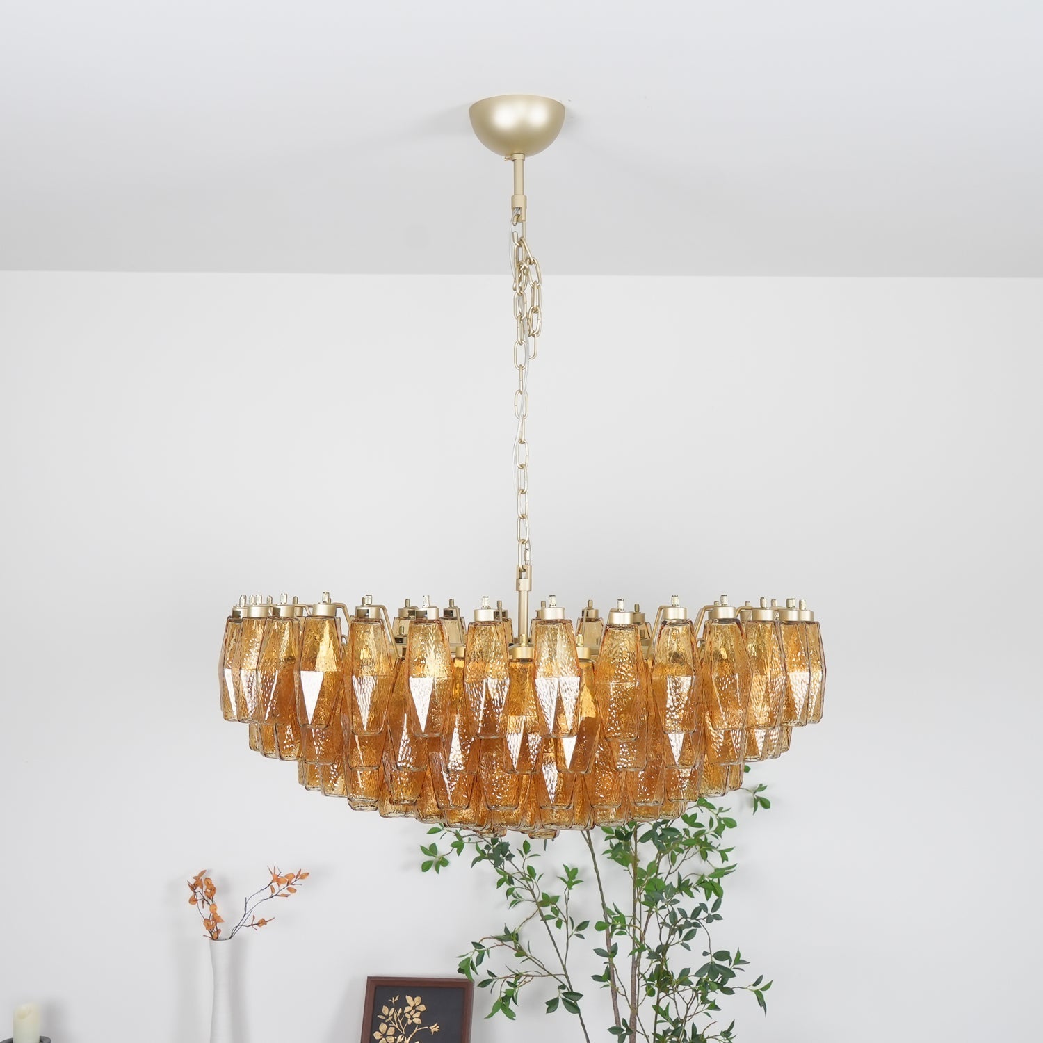 Murano Rhombus Amber Glass Chandelier ∅ 35.4″ x H 17.7″ / Amber & Gold Chandelier
