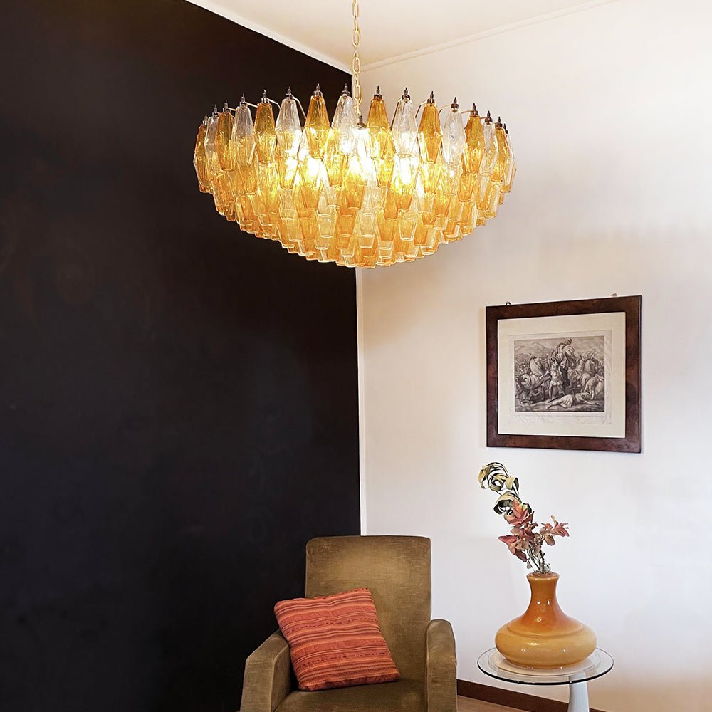 Murano Rhombus Amber Glass Chandelier ∅ 35.4″ x H 17.7″ / Amber & Gold Chandelier