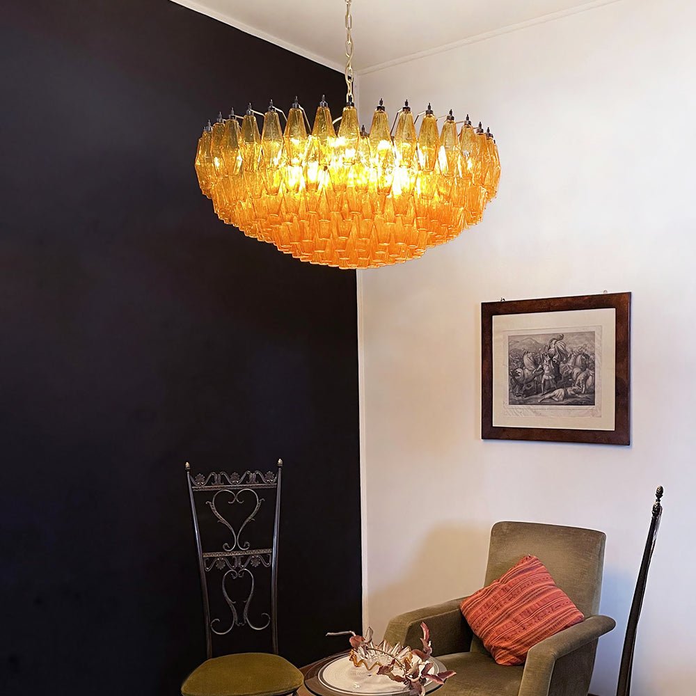 Murano Rhombus Amber Glass Chandelier ∅ 35.4″ x H 17.7″ / Amber & Gold Chandelier