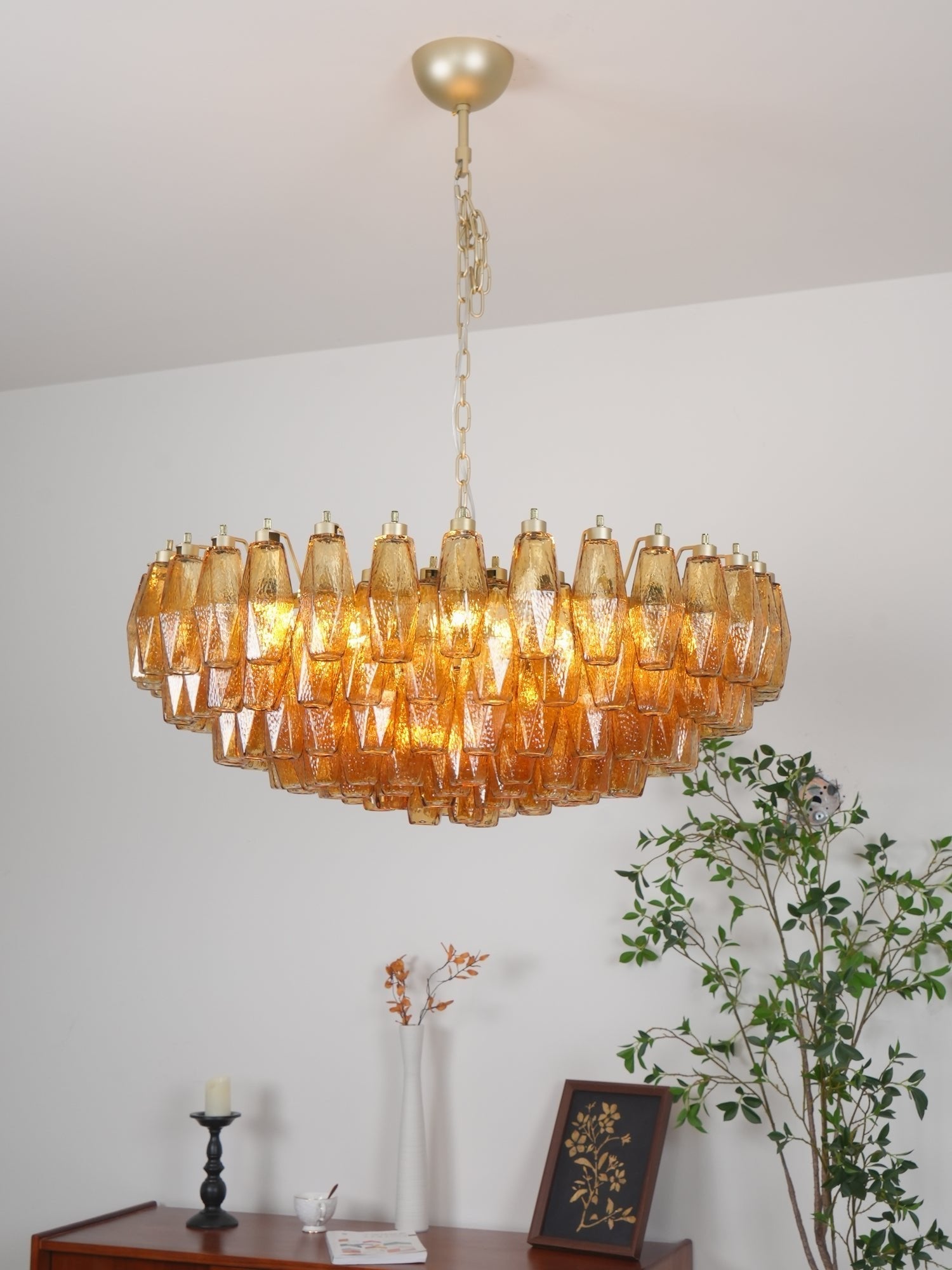 Murano Rhombus Amber Glass Chandelier ∅ 35.4″ x H 17.7″ / Amber & Gold Chandelier